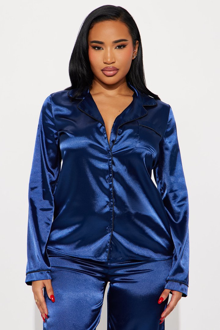 Bedtime Stretch Satin Long Sleeve PJ Pant Set - Navy