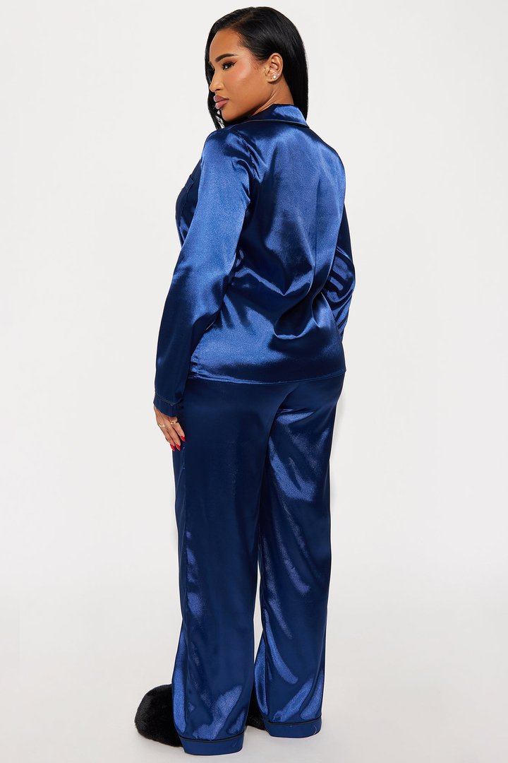 Bedtime Stretch Satin Long Sleeve PJ Pant Set - Navy