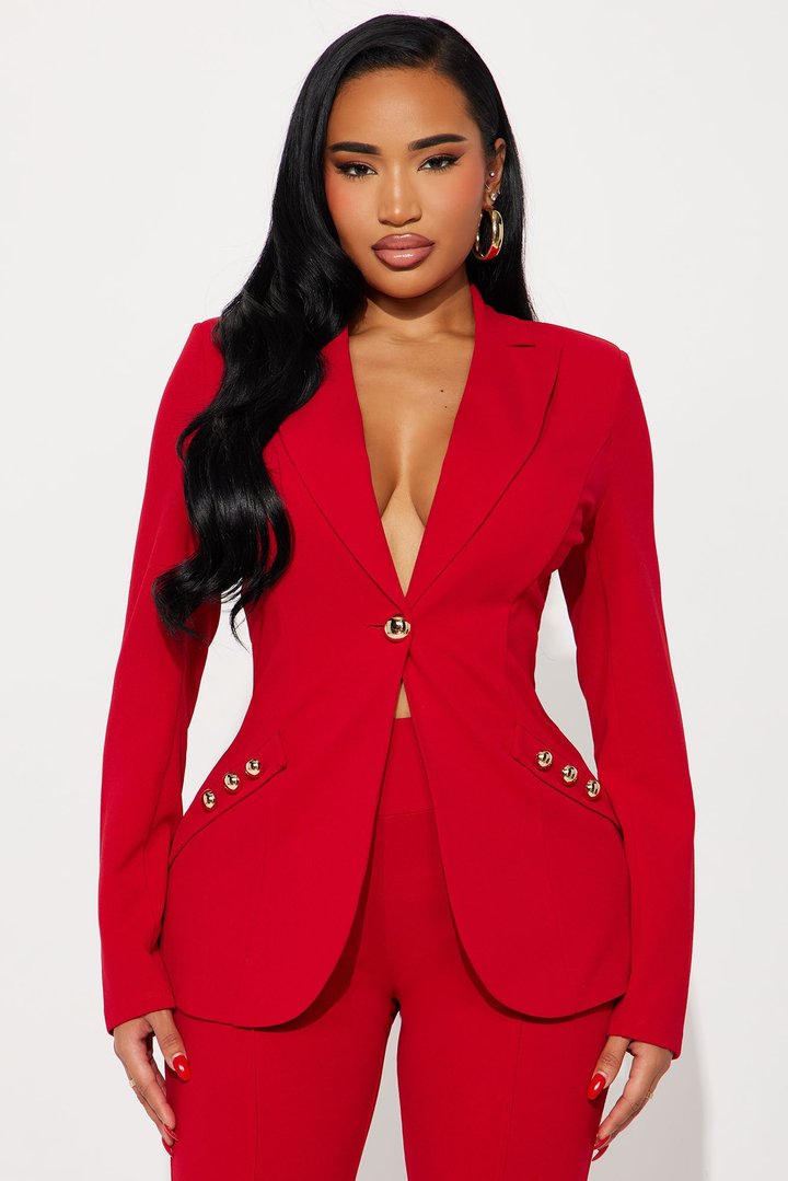 On My Terms Shoulder Pad Blazer Pant Set - Red