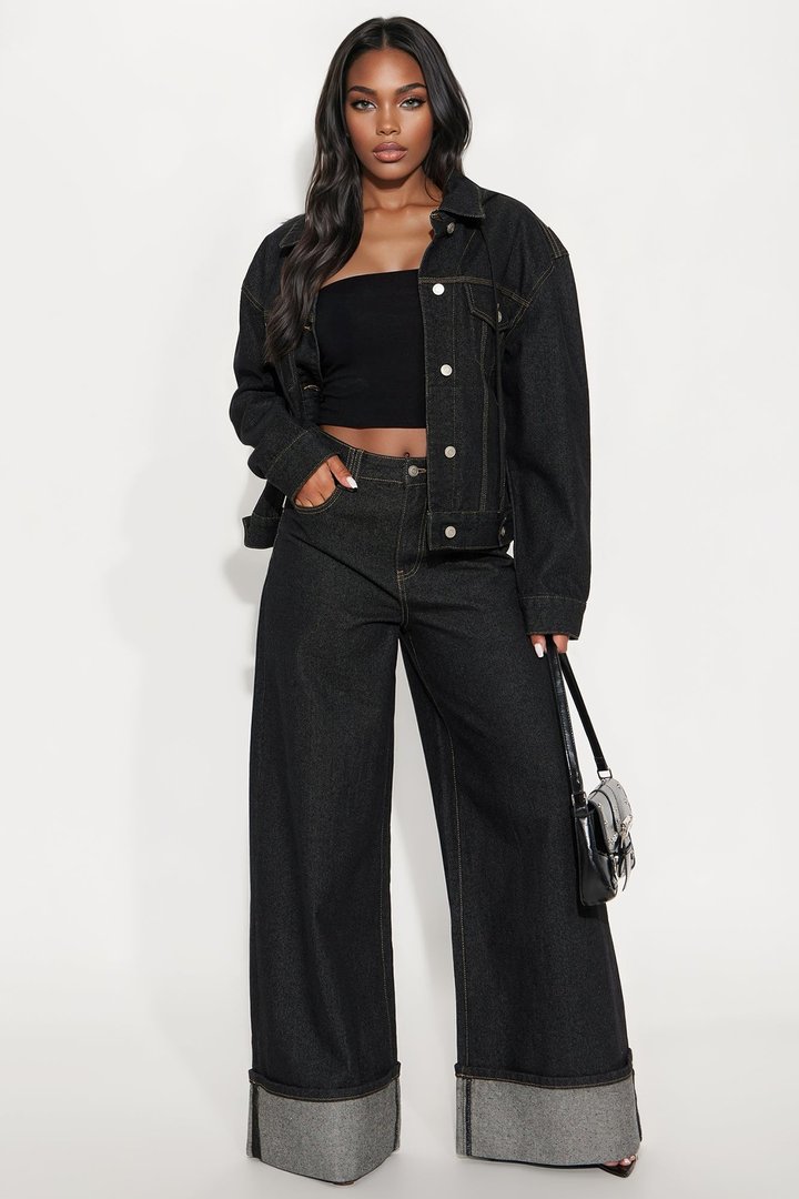 Sooner Or Later Cuffed Wide Leg Jeans - Dark Denim