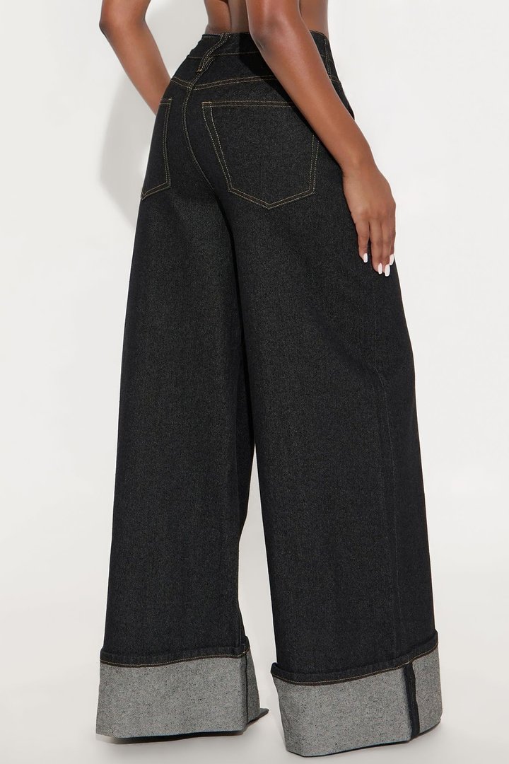 Sooner Or Later Cuffed Wide Leg Jeans - Dark Denim