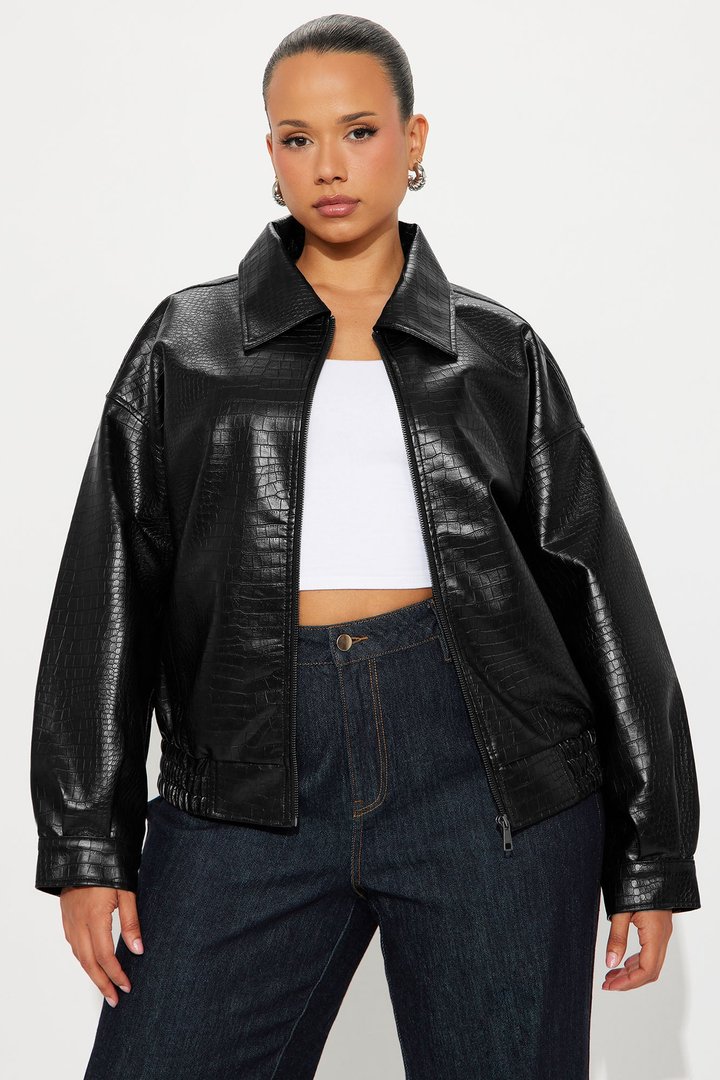 Lola Croc Faux Leather Bomber Jacket - Hunter