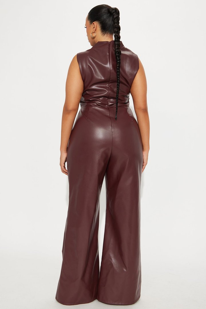 Isadora Faux Leather Wide Leg Jumpsuit - Burgundy