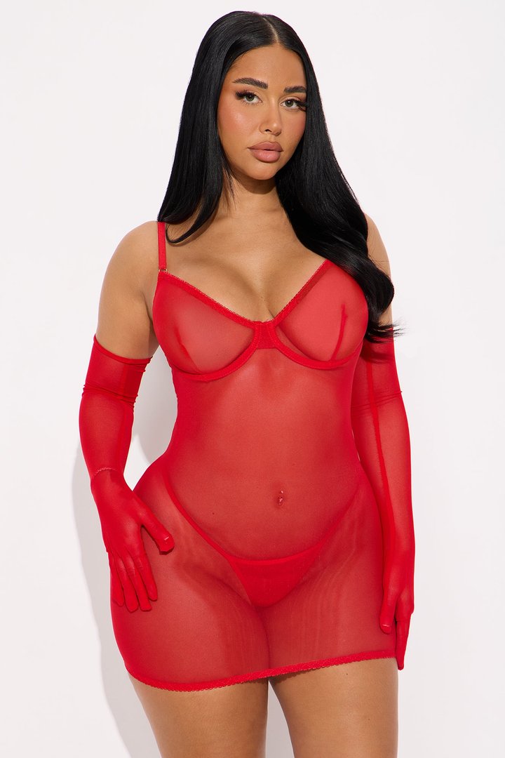 Harley Mesh Chemise Dress With Gloves - Red