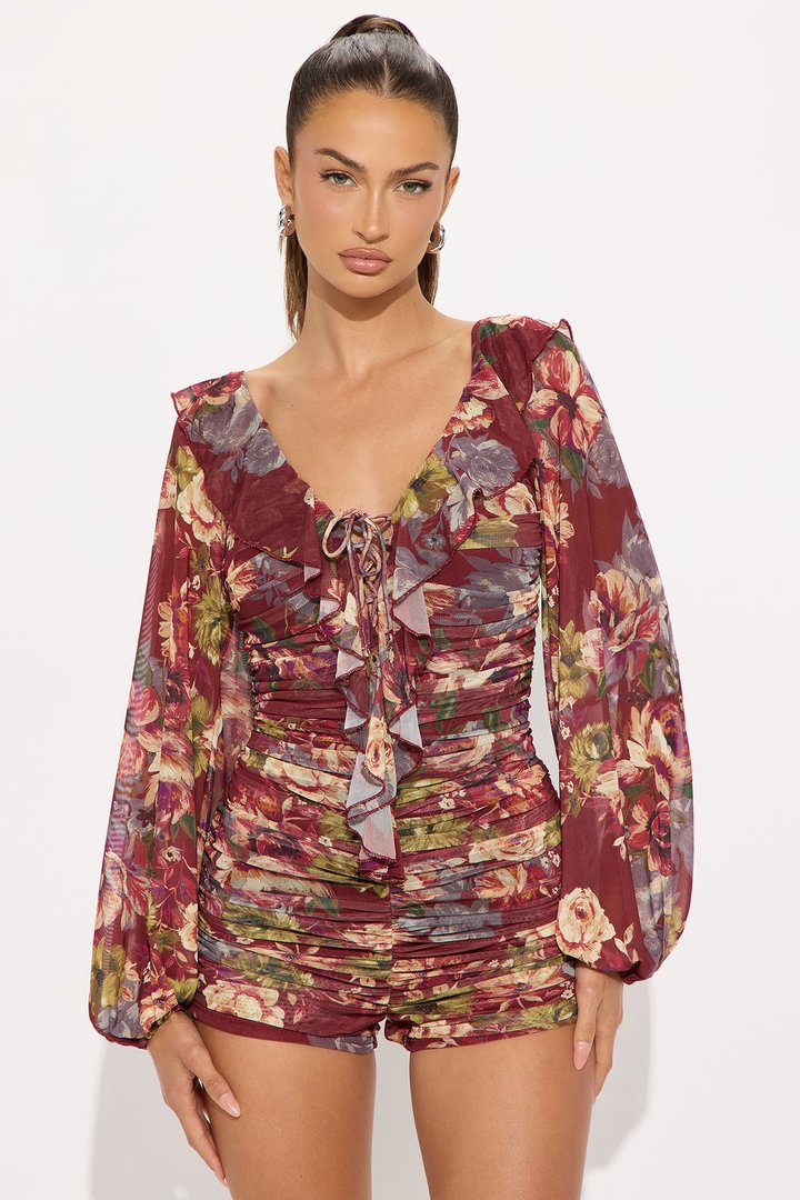 Pretty Please Mesh Floral Romper - Rust/combo