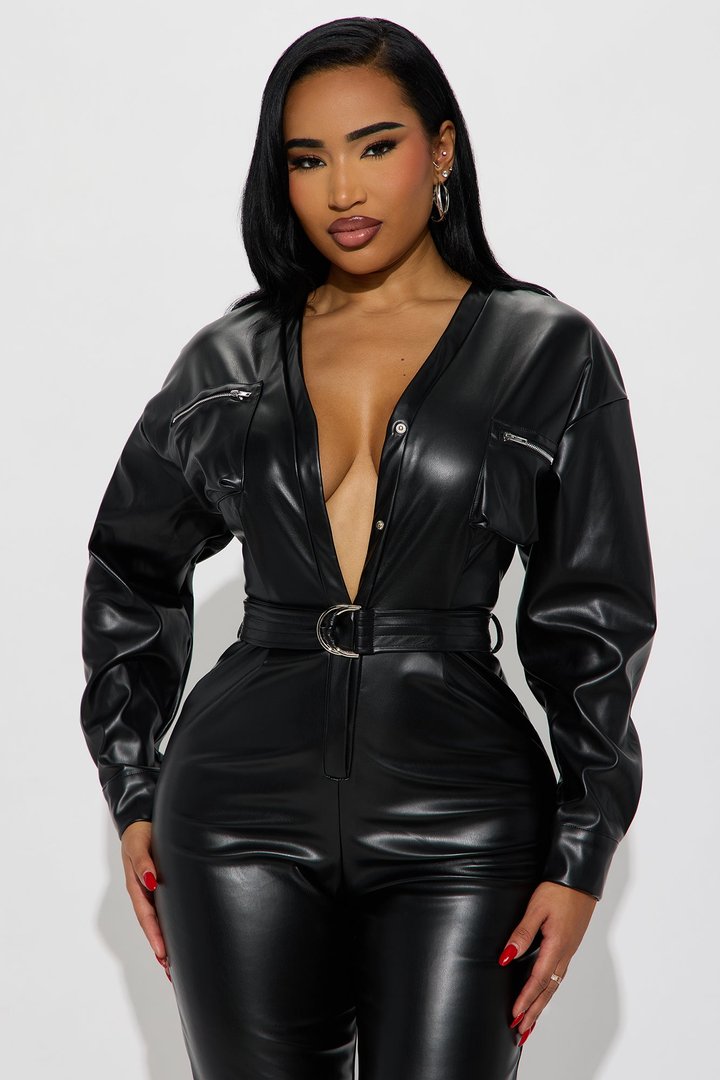 Rue Womens Faux Leather Jumpsuit - Black