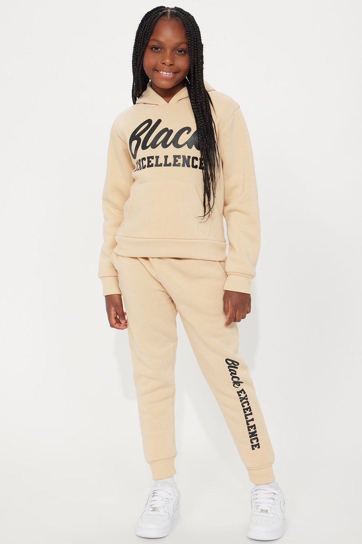 Mini Black Excellence Fleece Pant Set - Tan