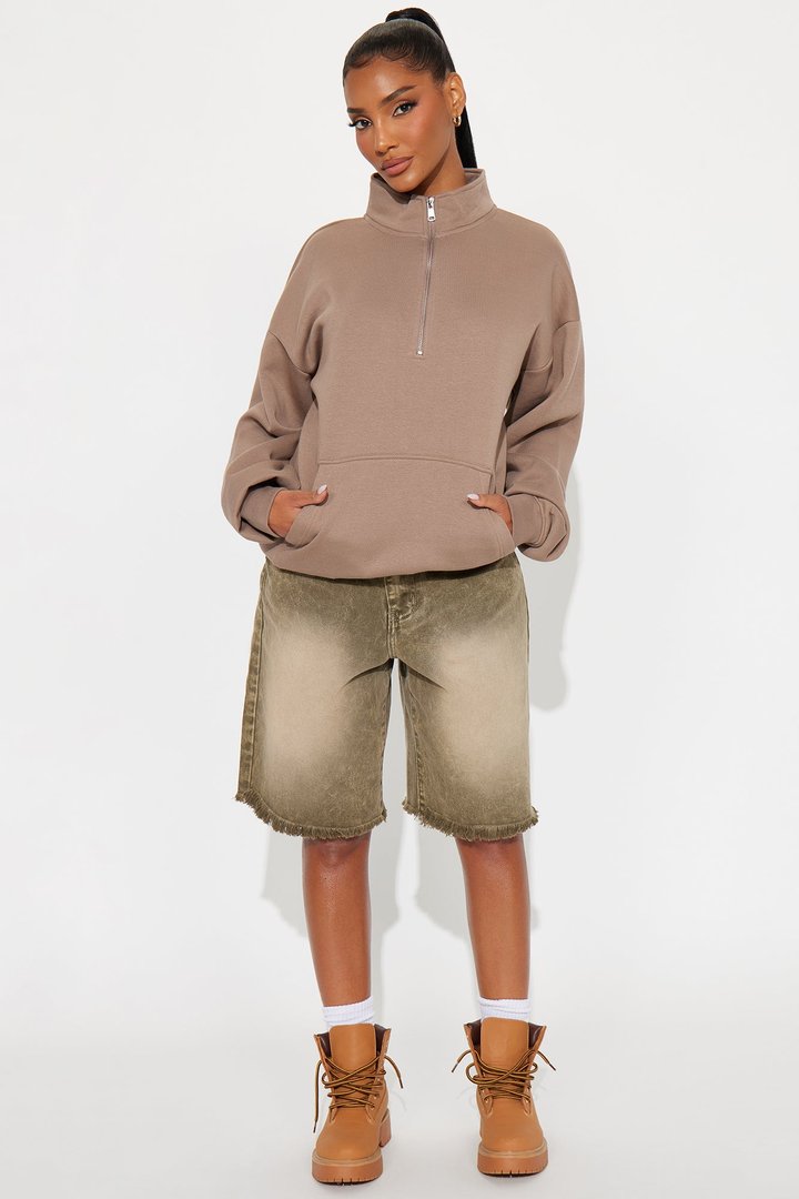 Stole My Ex Boyfriend's Oversized Quarter Zip Sweatshirt - Mocha
