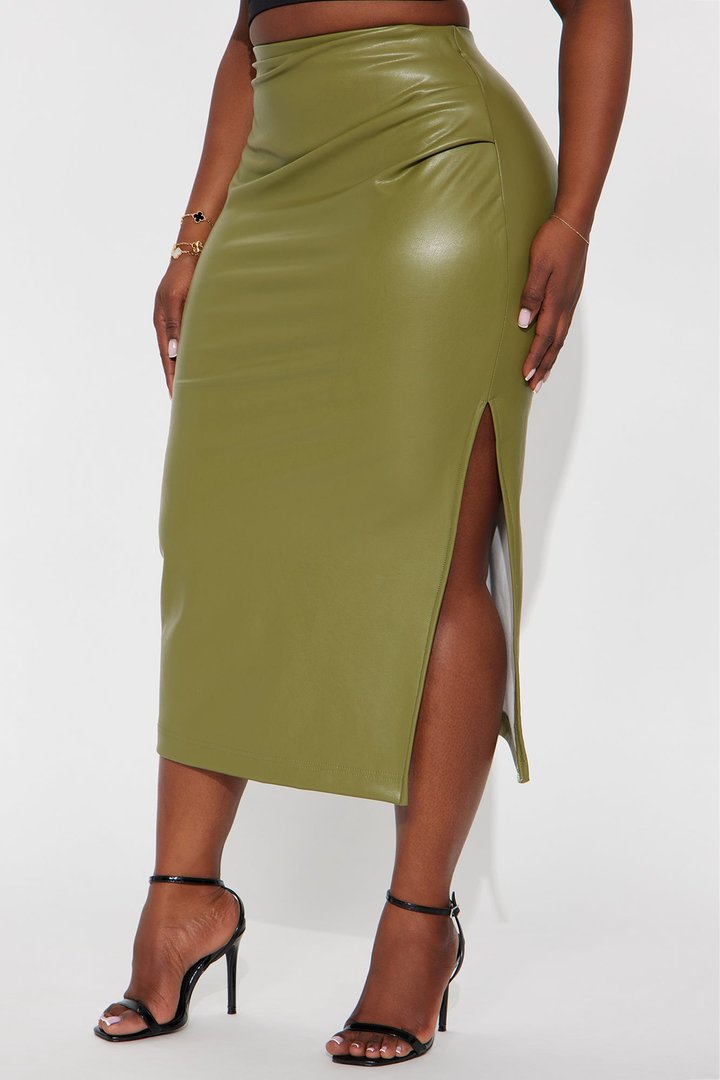 By The Corner Faux Leather Midi Skirt - Olive