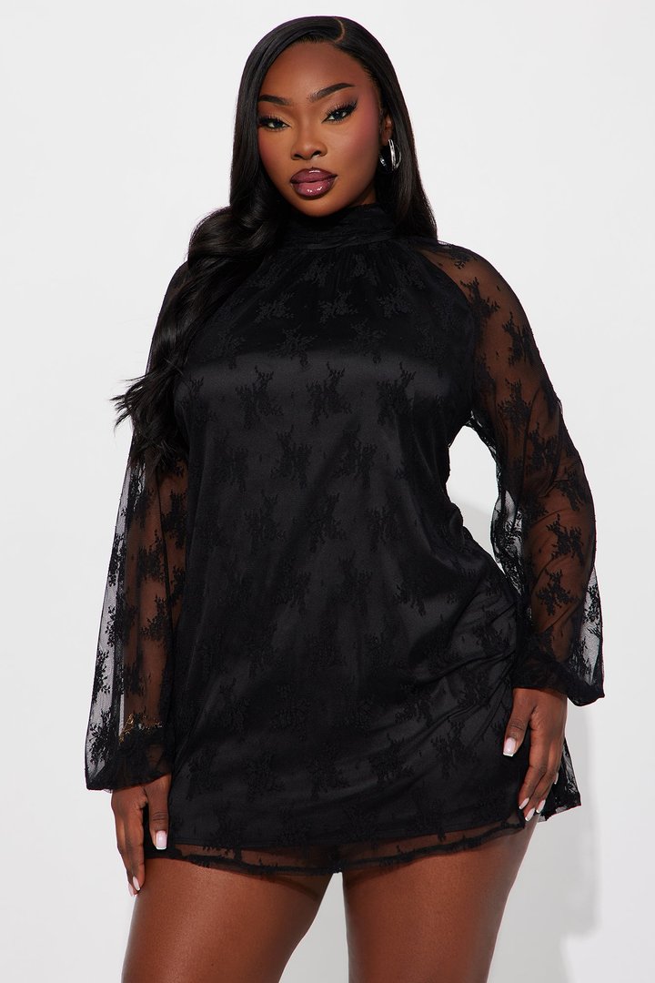 Maya Lace Long Sleeve Mini Dress - Black