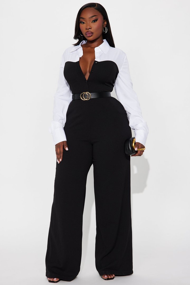 One More Look Wide Leg Jumpsuit - Black/White