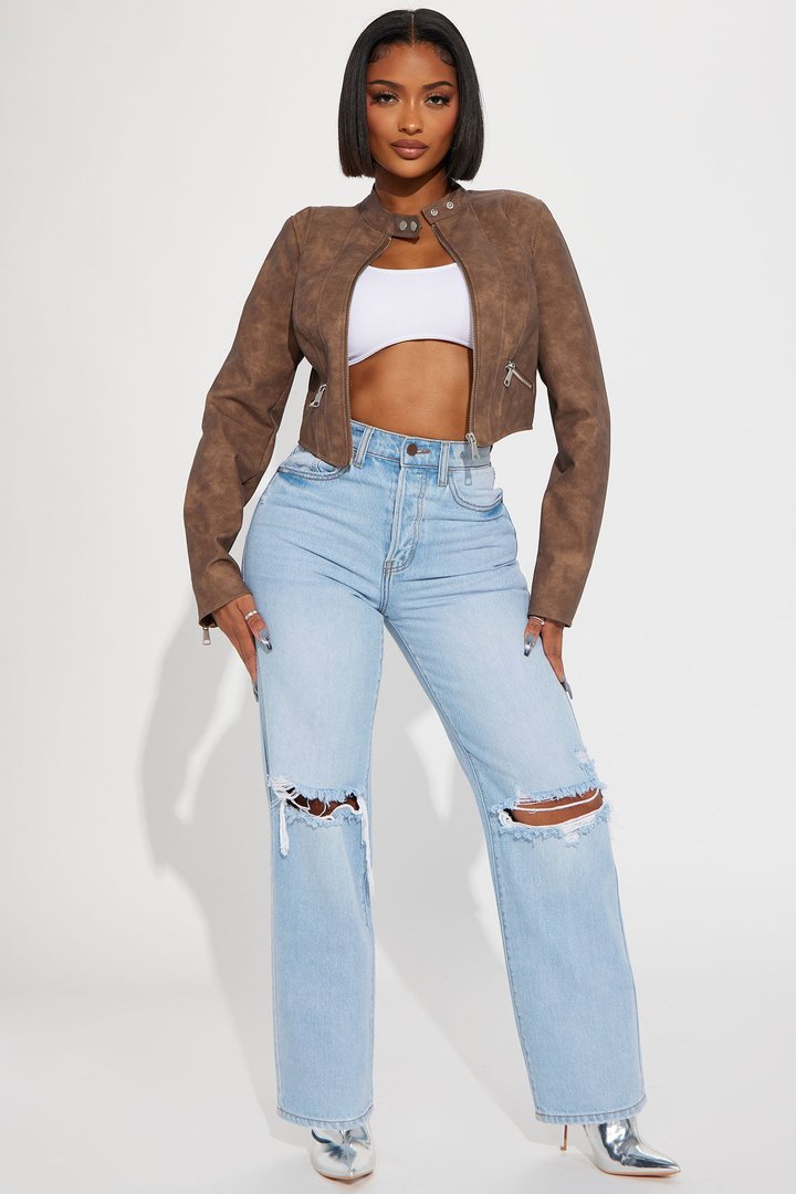 A Desert Babe Washed Faux Leather Moto - Brown