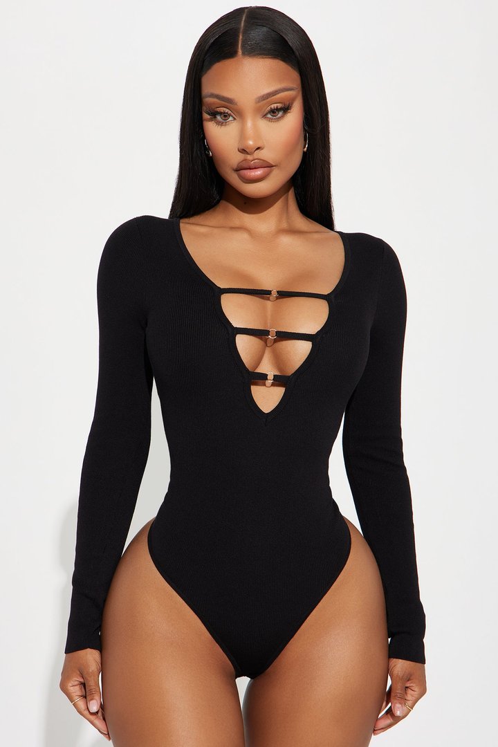 Jessi Cut Out Sweater Bodysuit - Black