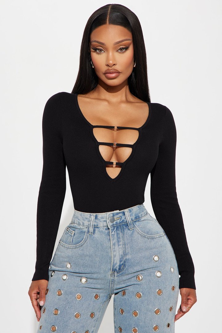 Jessi Cut Out Sweater Bodysuit - Black