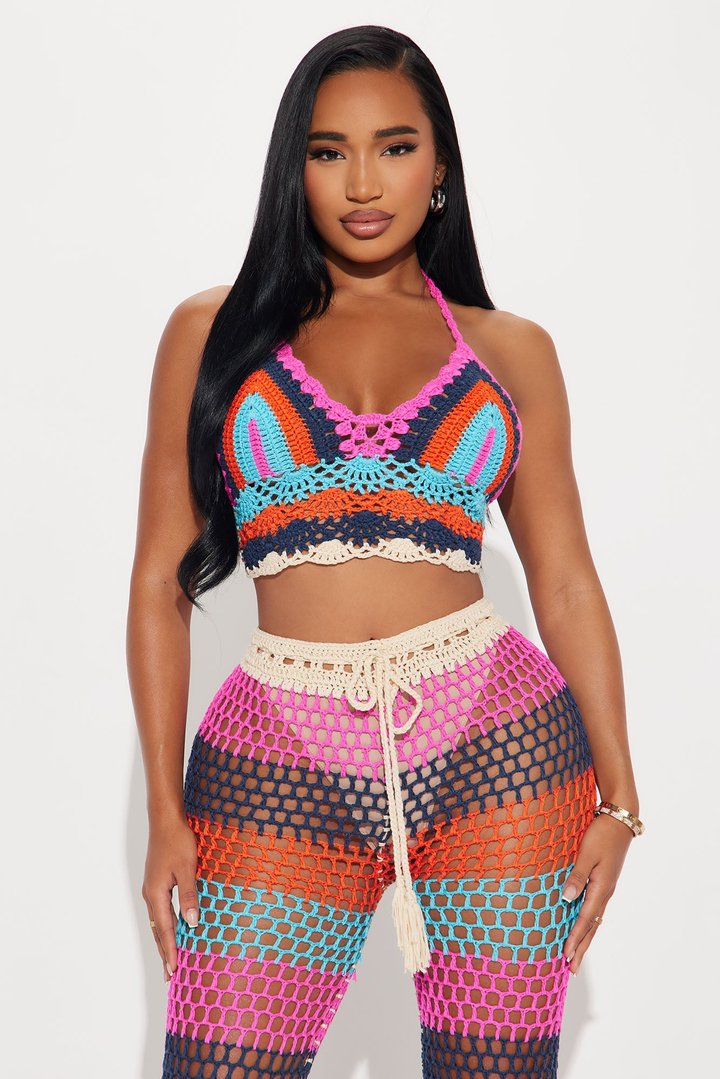 Priscilla Crochet 2 Piece Sunsuit Pants Set - Hot Pink/combo