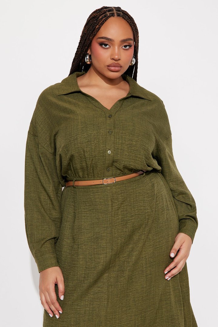 Lottie Collar Linen Midi Dress - Olive