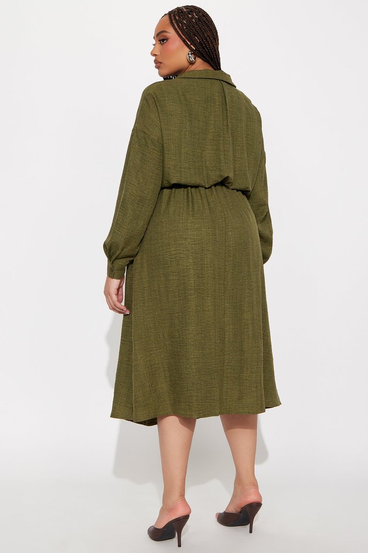 Lottie Collar Linen Midi Dress - Olive