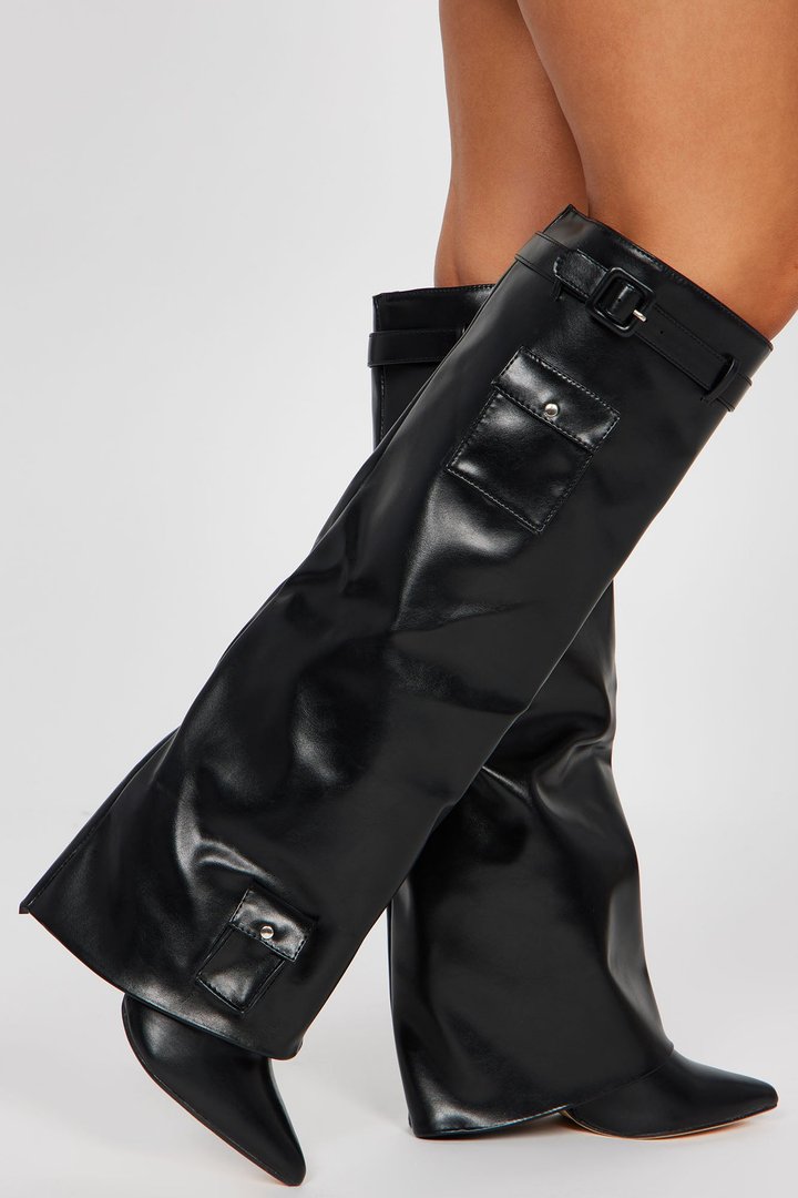Having The Attention Knee High Heeled Boots - Black
