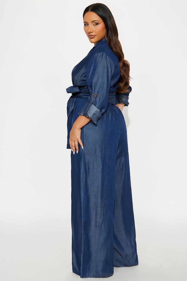 Ophelia Waist Tie Wide Leg Jumpsuit - Dark Wash