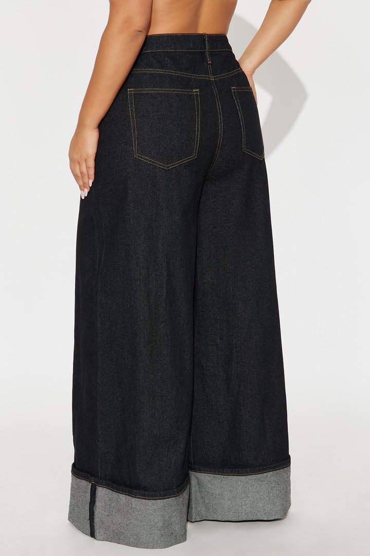 Sooner Or Later Cuffed Wide Leg Jeans - Dark Denim