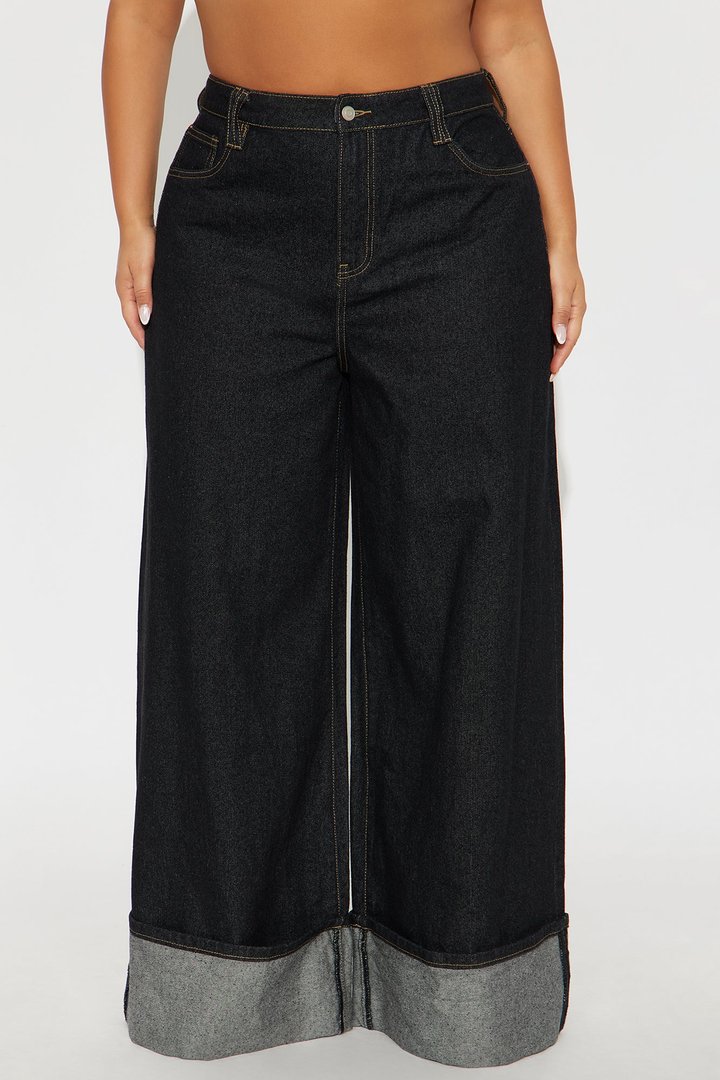 Sooner Or Later Cuffed Wide Leg Jeans - Dark Denim