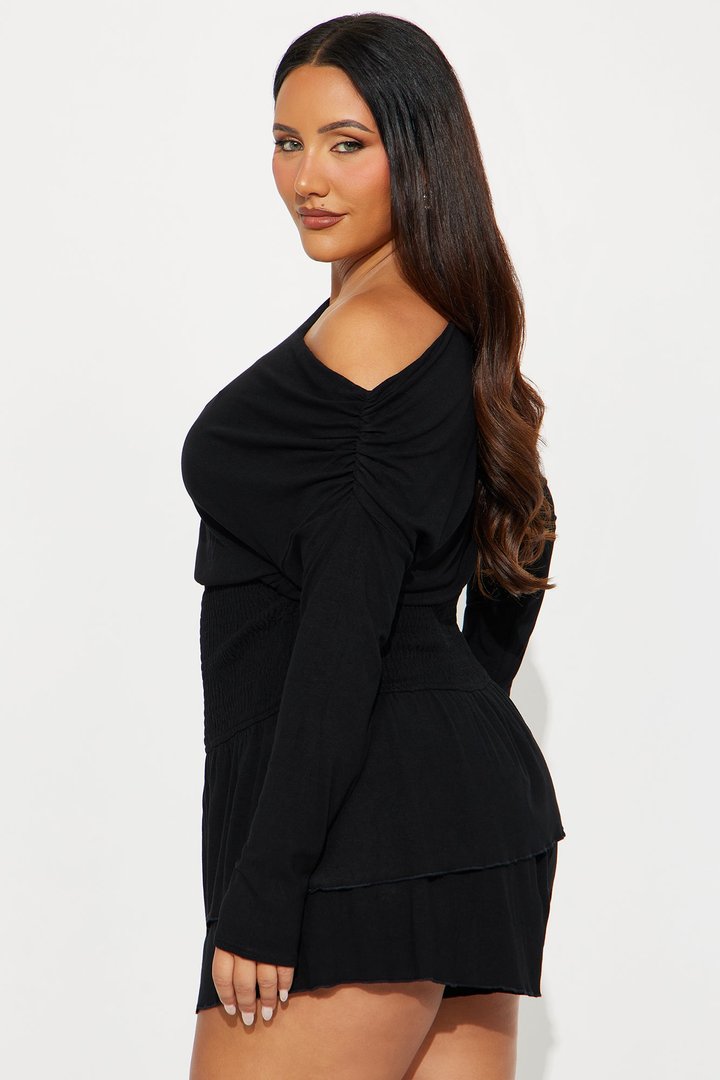 One More Look Off Shoulder Ruffle Romper - Black