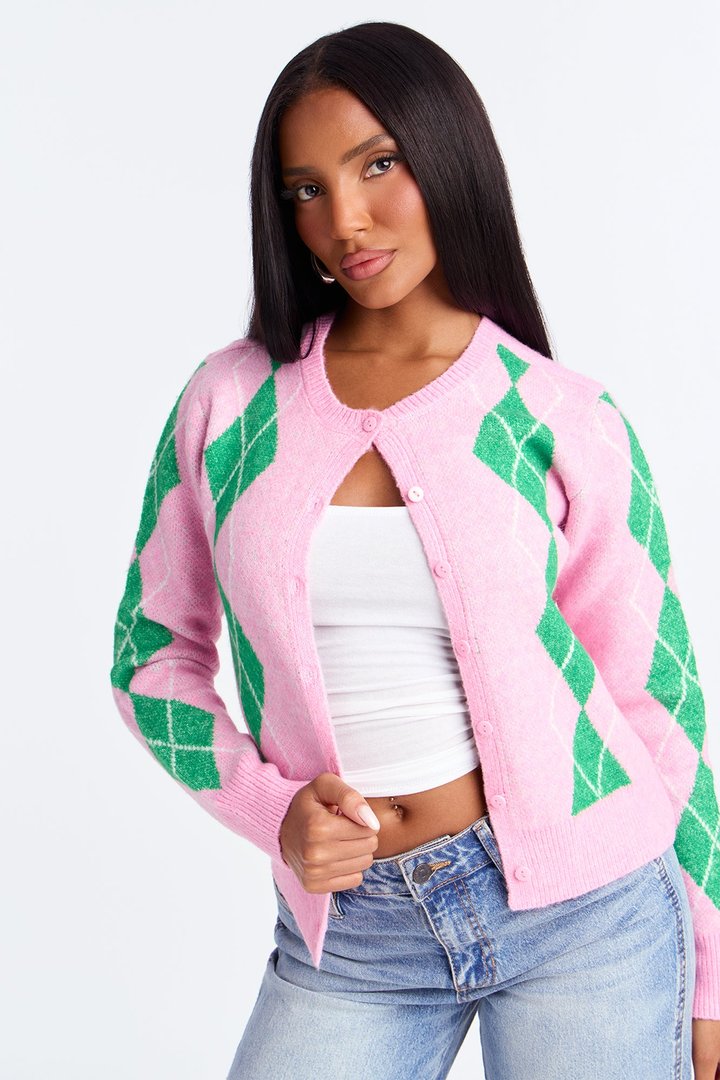 She Reads Argyle Sweater - Pink/combo
