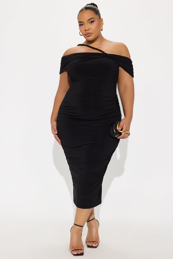 Orla One Shoulder Ruched Midi Dress - Black
