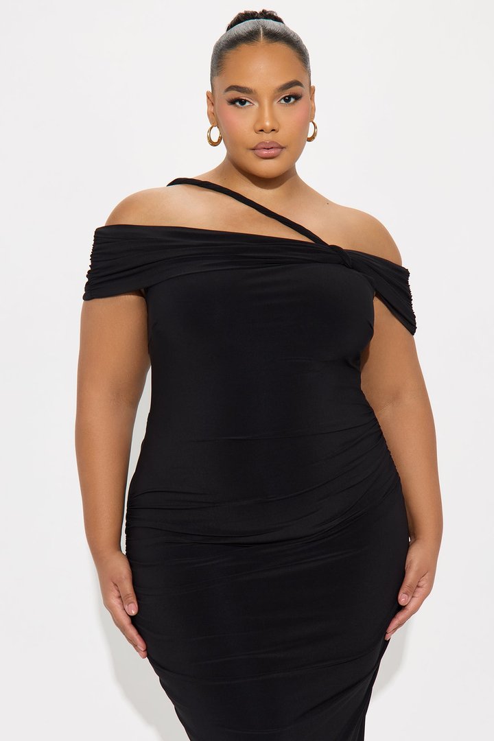 Orla One Shoulder Ruched Midi Dress - Black