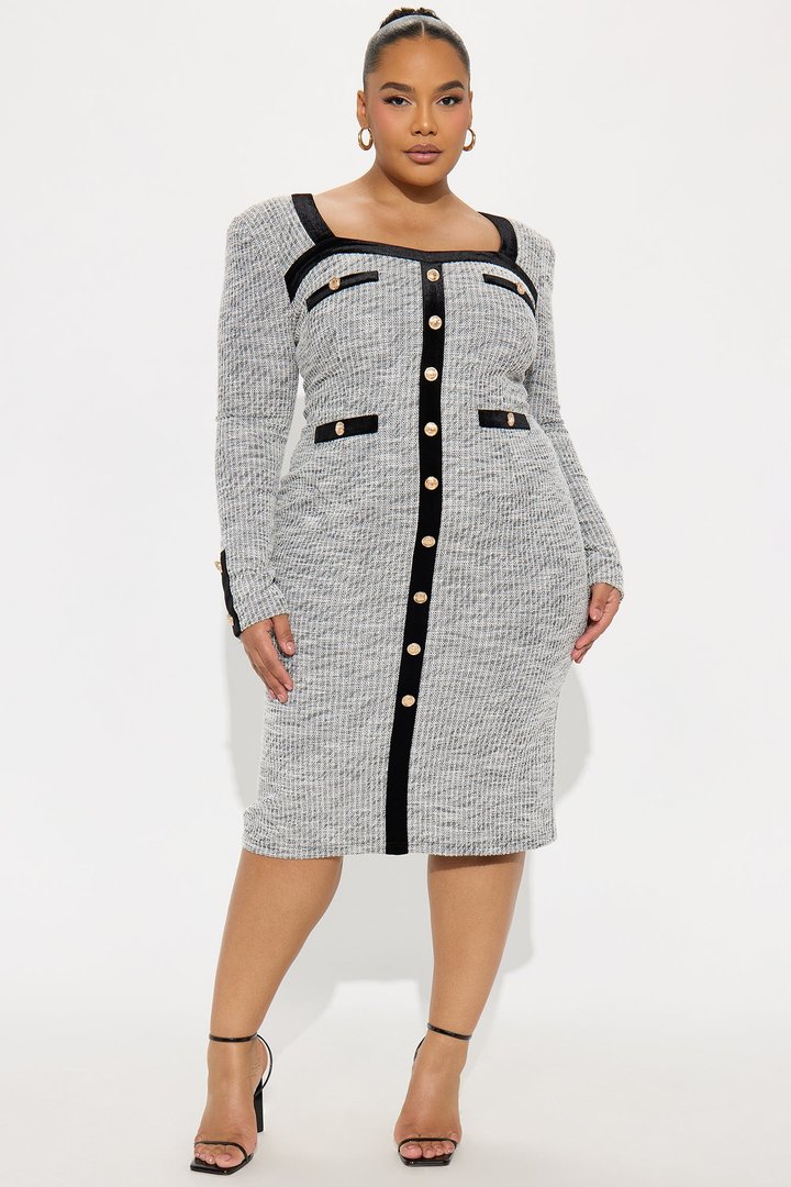 Breanne Long Sleeve Tweed Midi Dress - Black/White