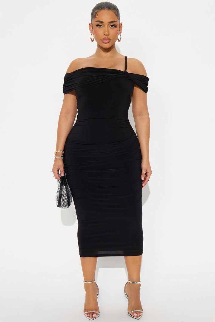 Orla One Shoulder Ruched Midi Dress - Black