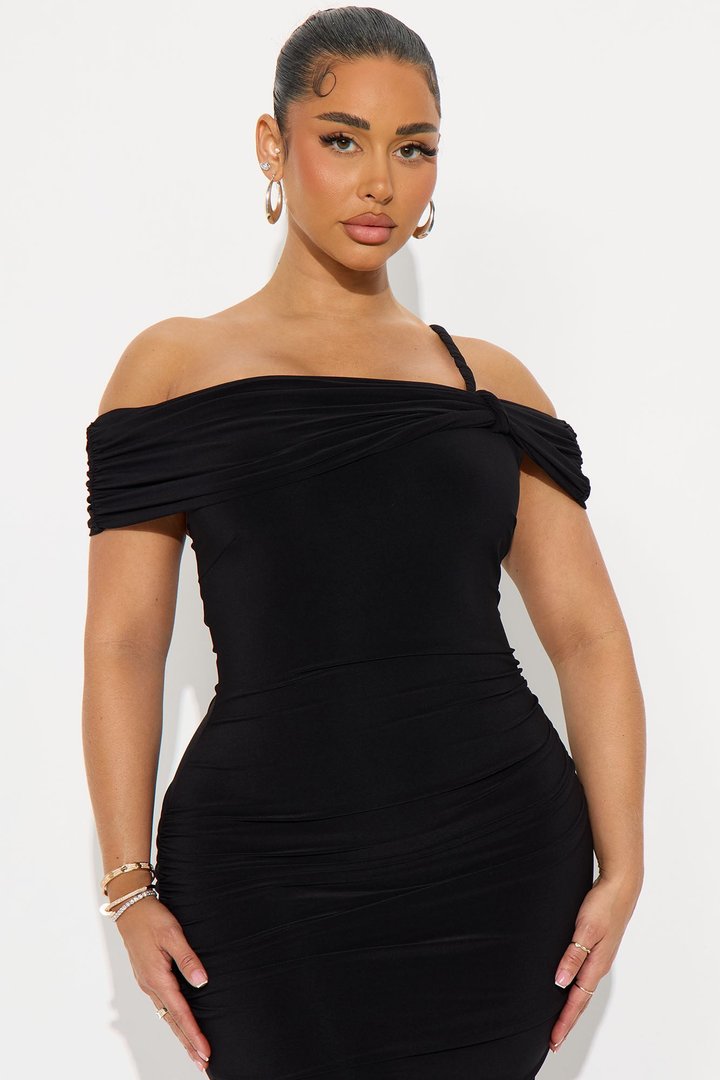 Orla One Shoulder Ruched Midi Dress - Black