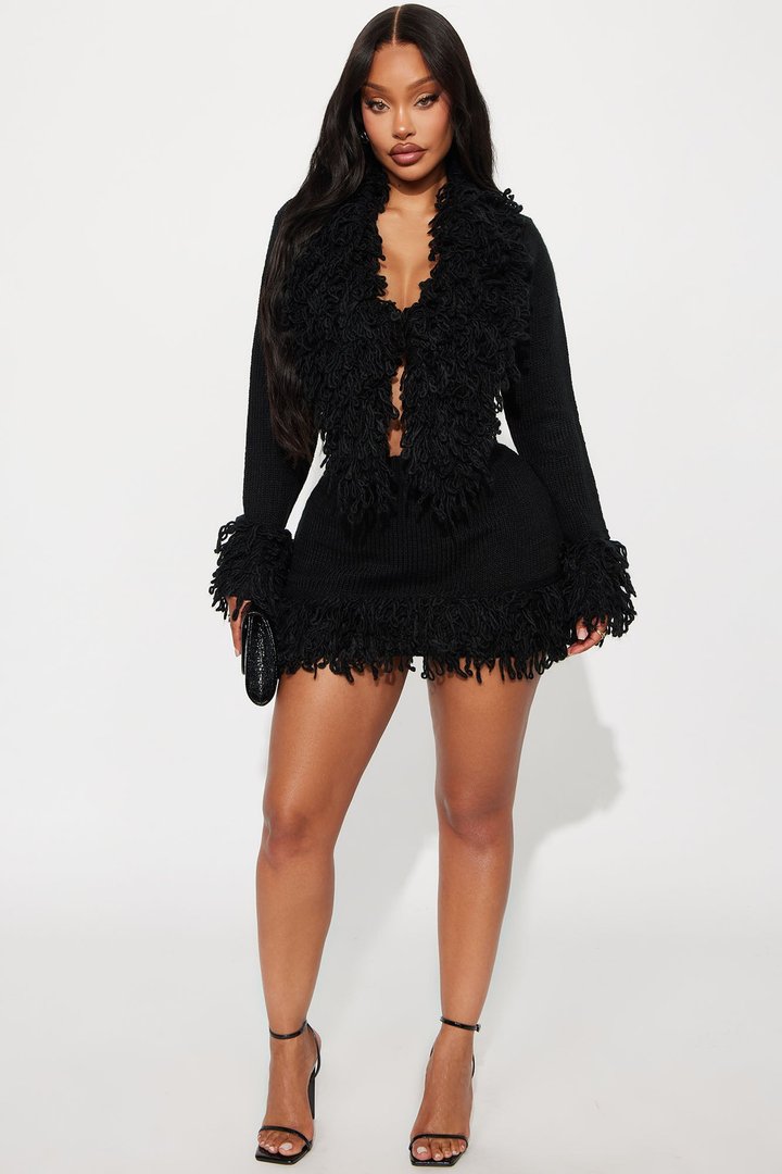Nyla Fringe Sweater Cardigan Skirt Set - Black