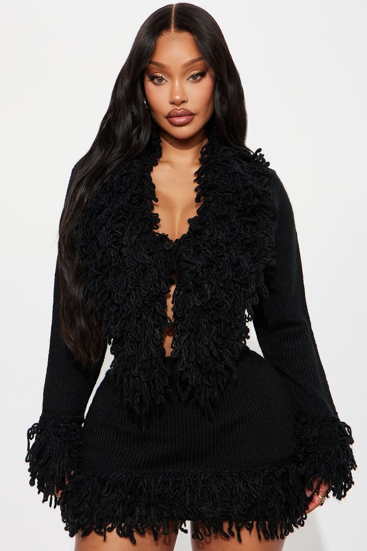 Nyla Fringe Sweater Cardigan Skirt Set - Black