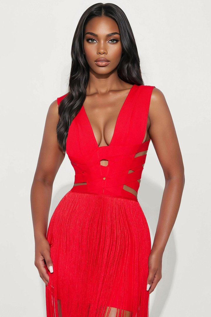 Fiona Fringe Trim Bandage Mini Dress - Red