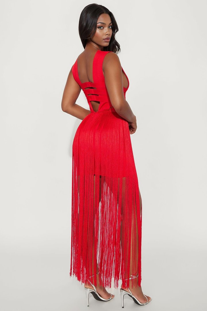 Fiona Fringe Trim Bandage Mini Dress - Red