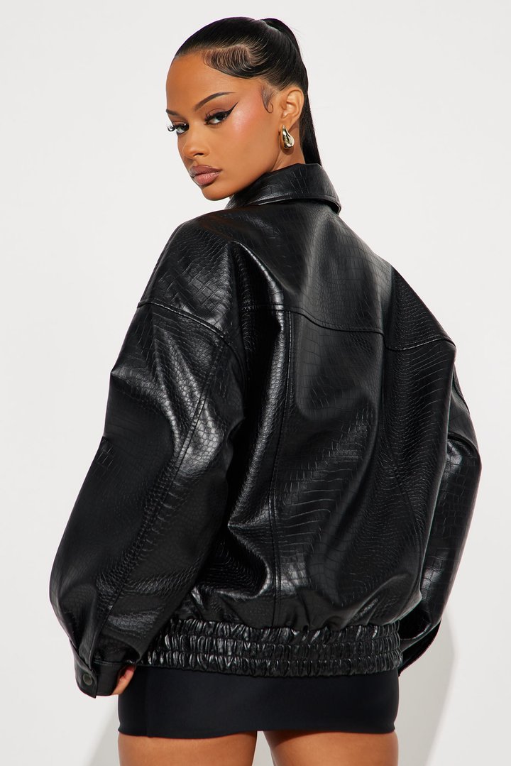 Lola Croc Faux Leather Bomber Jacket - Black