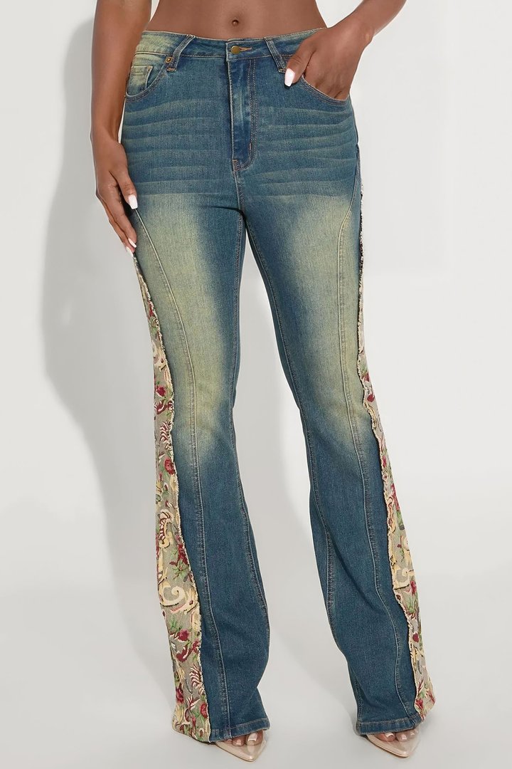 Amari Floral Tinted Bell Bottom Jeans - Dark Wash