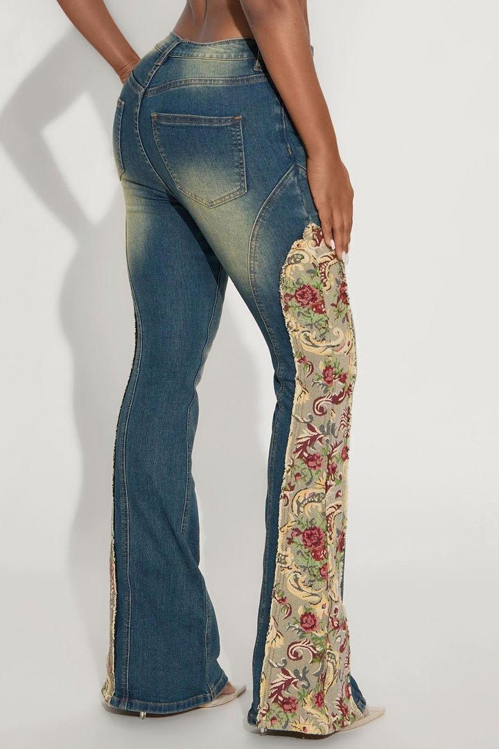 Amari Floral Tinted Bell Bottom Jeans - Dark Wash