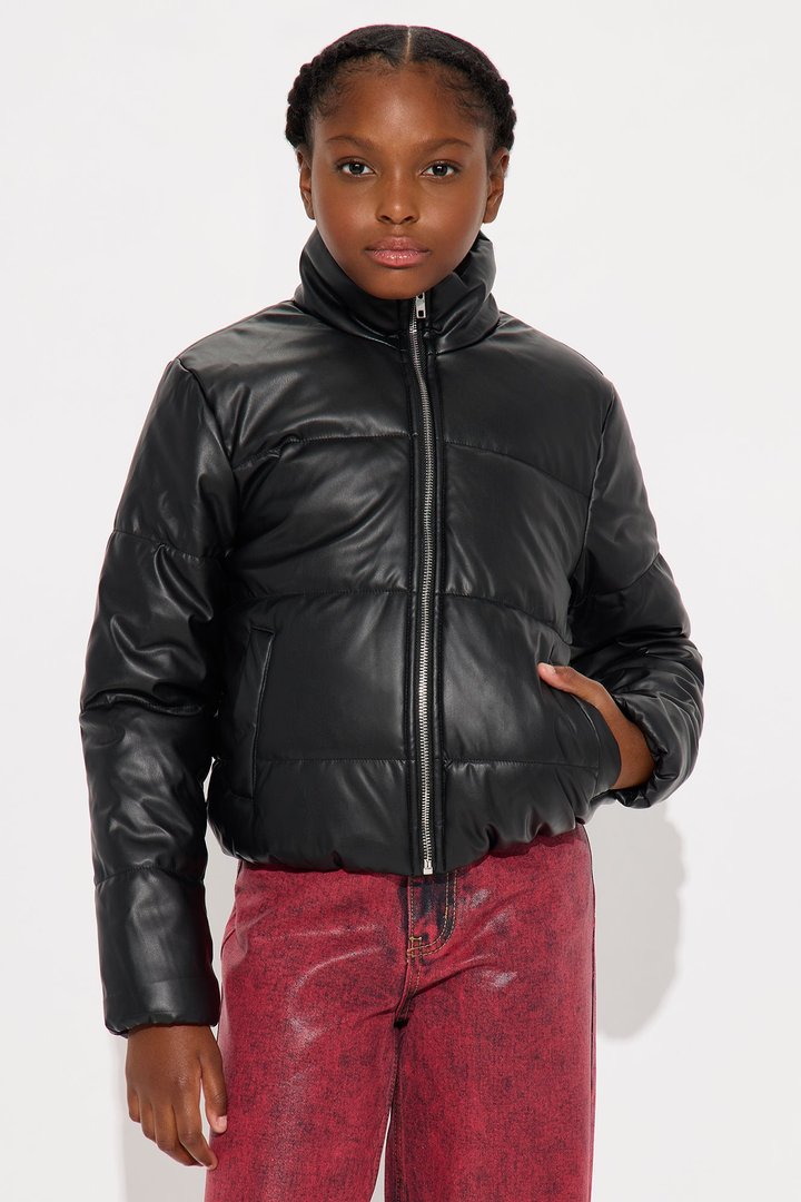 Mini Vixen Faux Leather Puffer Jacket - Black