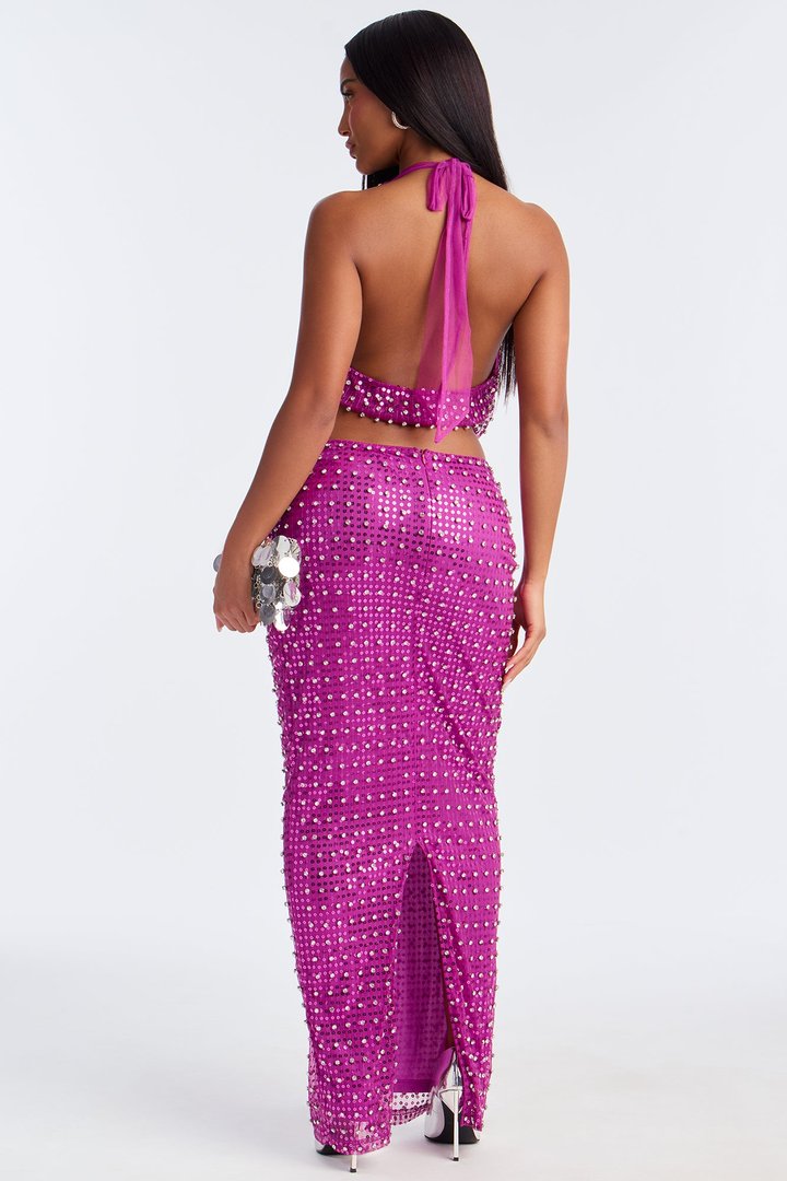 Invitation Only Embellished Halter Skirt Set - Magenta