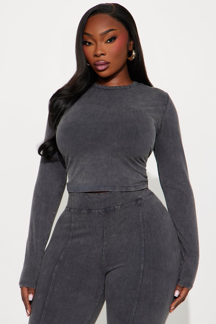 Hear Me Out Long Sleeve Mineral Wash Pant Set - Charcoal
