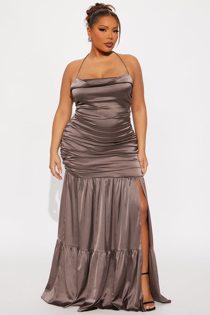 Shira Ruched Satin Gown - Slate Grey