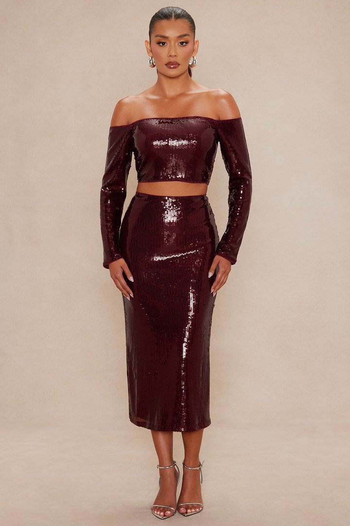 Alondra Sequin Skirt Set - Burgundy