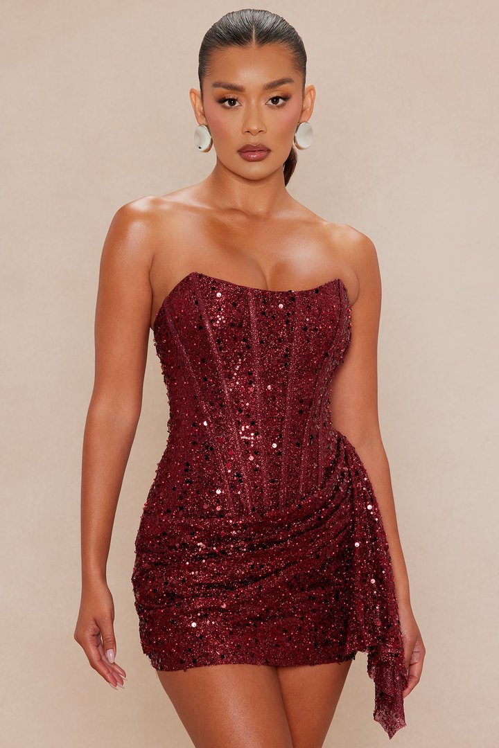 Ashlynn Embellished Mini Dress - Burgundy