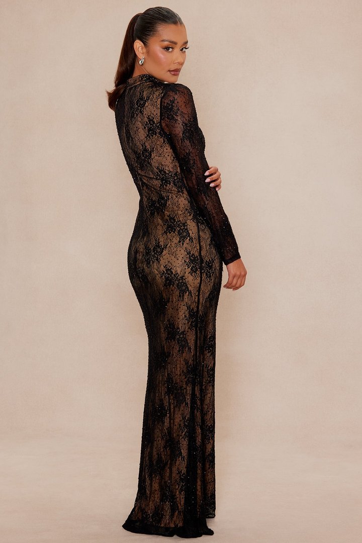 Dark Romance Embellished Lace Maxi Dress - Black
