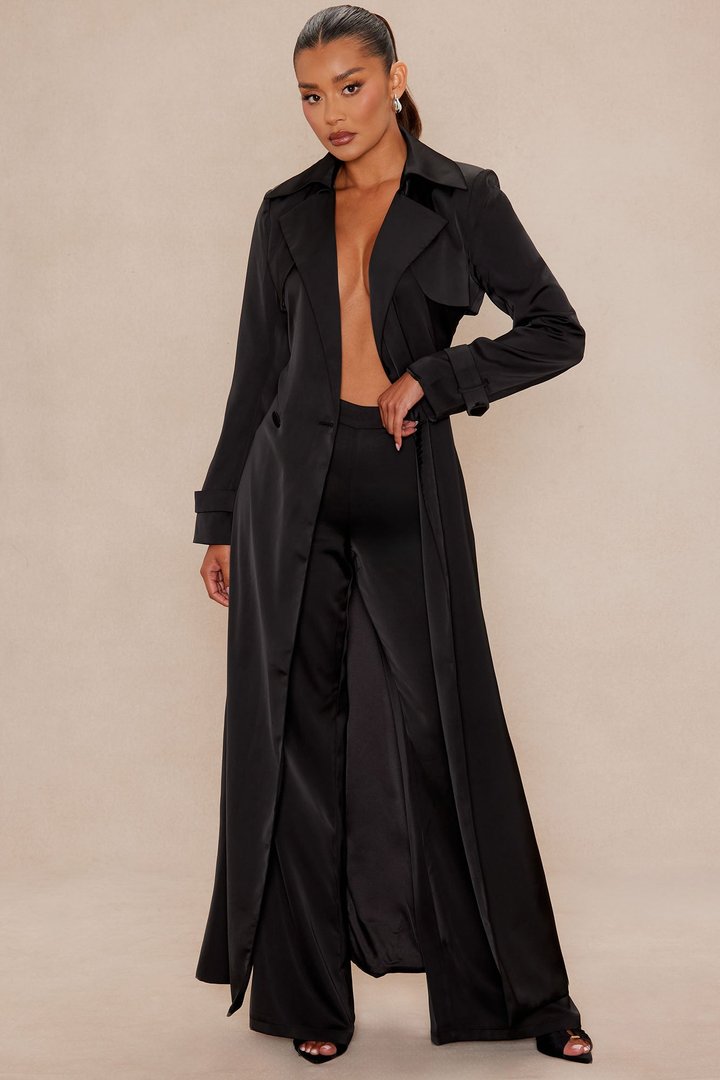 Gabriella Satin Trench Coat And Pant Set - Black