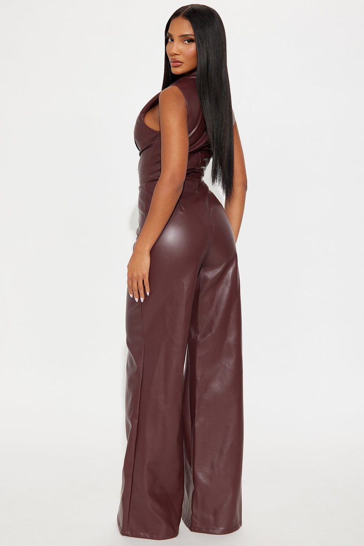 Isadora Faux Leather Wide Leg Jumpsuit - Burgundy