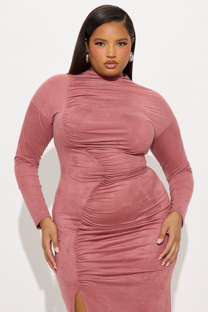 Melanie Ruched Suede Midi Dress - Rose