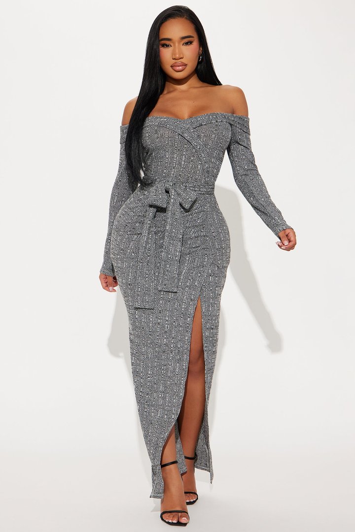 Selene Off Shoulder Sweater Maxi Dress - Heather Grey